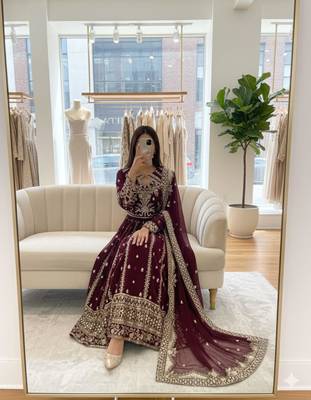 Maroon faux georgette embroidered flared gown set 3