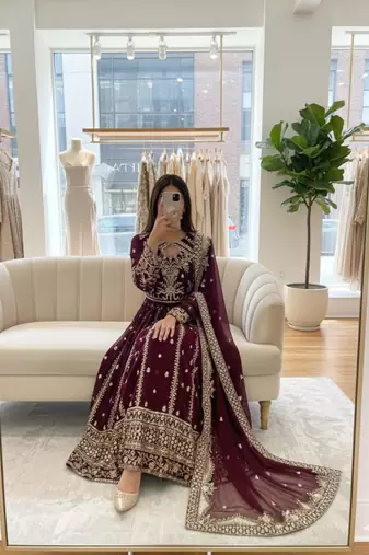 Maroon faux georgette embroidered flared gown set