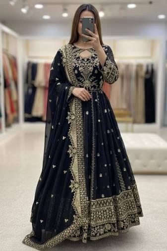 Black faux georgette embroidered flared gown set