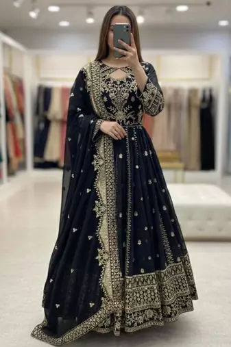 Black faux georgette embroidered flared gown set