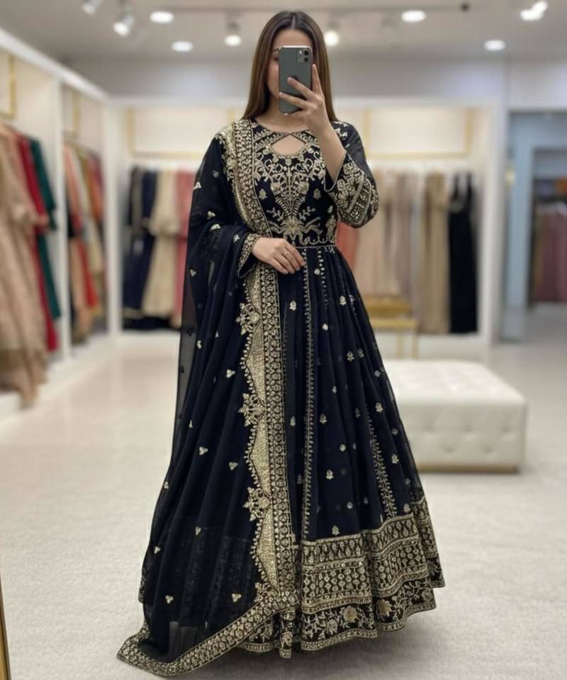Black faux georgette embroidered flared gown set