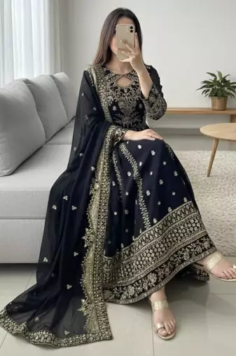 Black faux georgette embroidered flared gown set