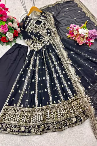 Black faux georgette embroidered flared gown set