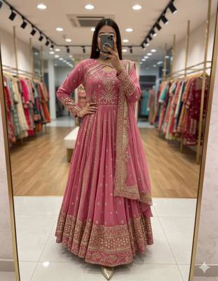 Pink faux georgette embroidered flared gown set 1