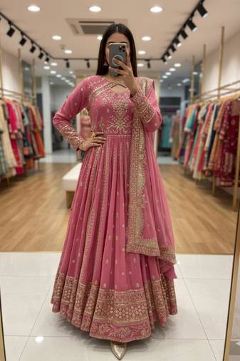 Pink faux georgette embroidered flared gown set