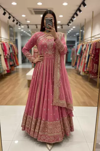 Pink faux georgette embroidered flared gown set