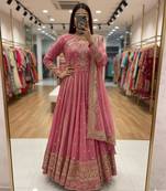 Pink faux georgette embroidered flared gown set