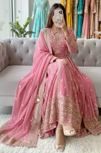 Pink faux georgette embroidered flared gown set