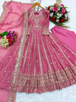 Pink faux georgette embroidered flared gown set 3