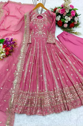 Pink faux georgette embroidered flared gown set