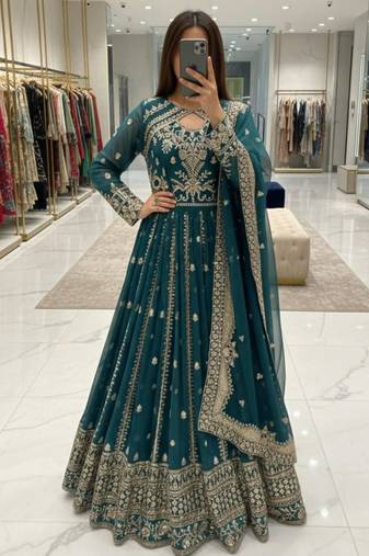 Green faux georgette embroidered flared gown set