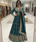 Green faux georgette embroidered flared gown set