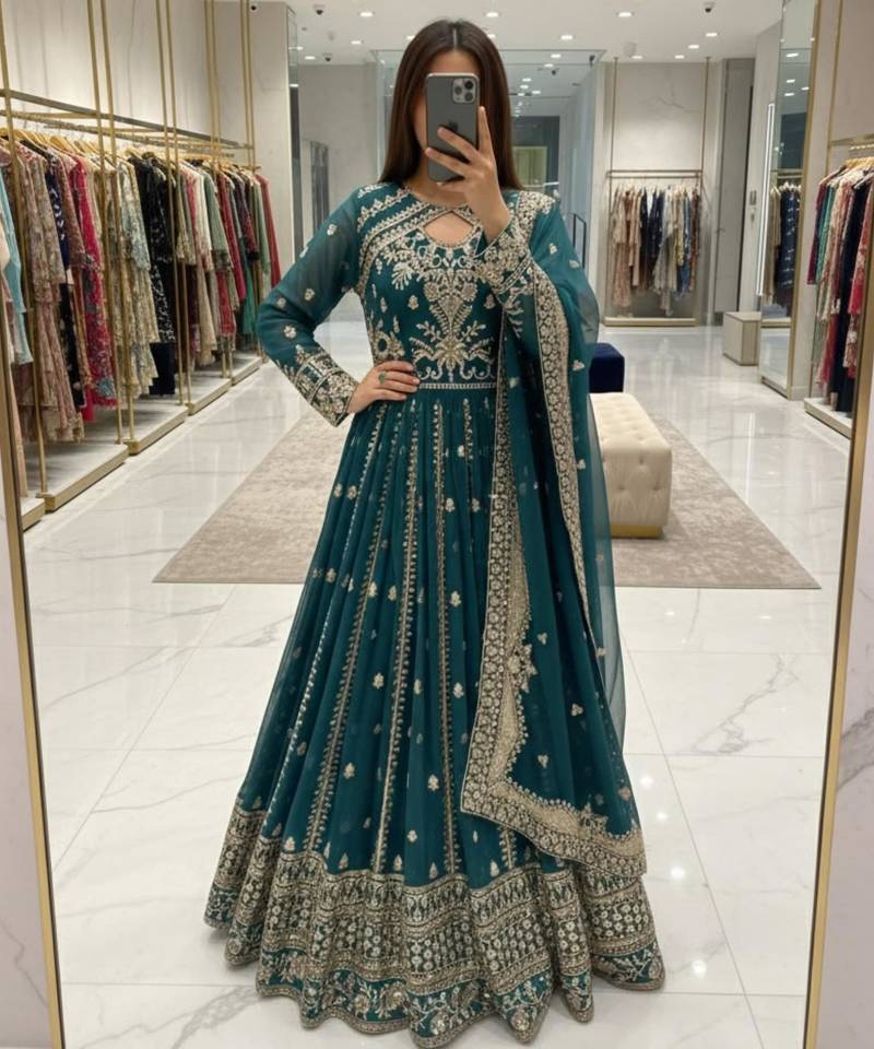 Green faux georgette embroidered flared gown set