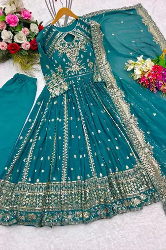 Green faux georgette embroidered flared gown set