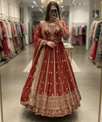 Red faux georgette embroidered flared gown set 1