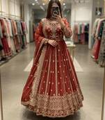 Red faux georgette embroidered flared gown set
