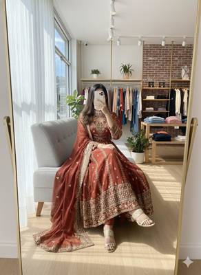 Red faux georgette embroidered flared gown set 2