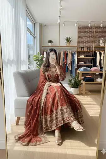 Red faux georgette embroidered flared gown set