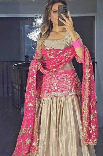 pink grey chinon and digital print embroidered sharara suit stitched