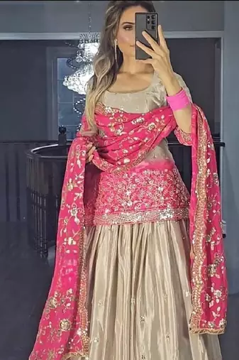 pink grey chinon and digital print embroidered sharara suit stitched
