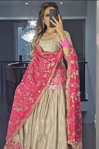 pink grey chinon and digital print embroidered sharara suit stitched