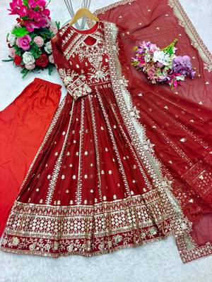 Red faux georgette embroidered flared gown set 3