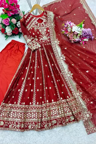 Red faux georgette embroidered flared gown set