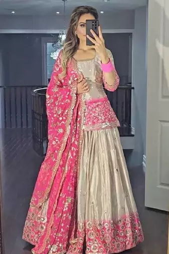 pink grey chinon and digital print embroidered sharara suit stitched