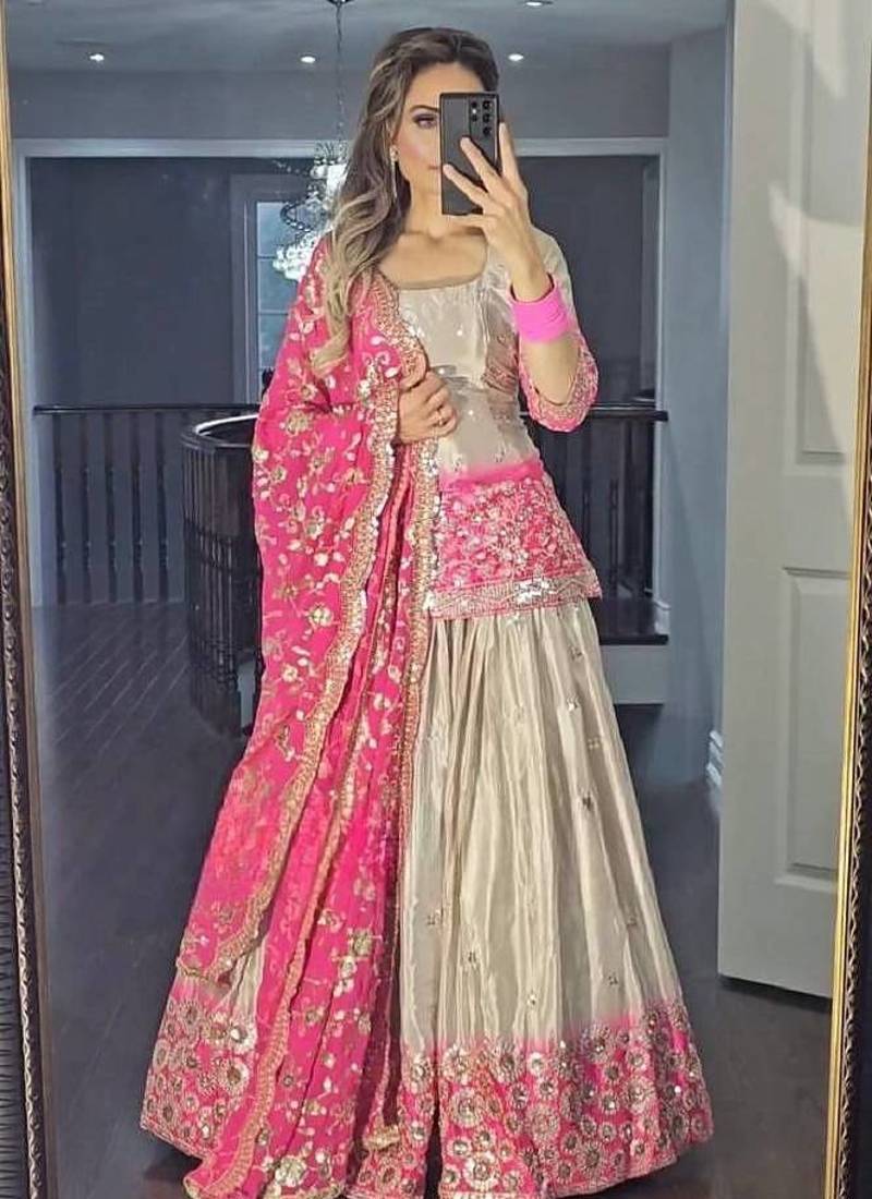 pink grey chinon and digital print embroidered sharara suit stitched