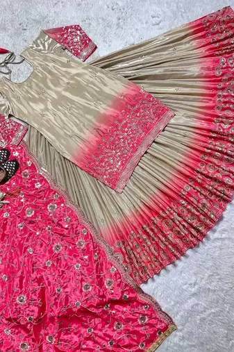 pink grey chinon and digital print embroidered sharara suit stitched