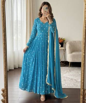 Blue faux georgette embroidered flared gown set 1
