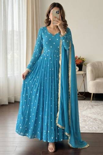 Blue faux georgette embroidered flared gown set