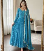 Blue faux georgette embroidered flared gown set