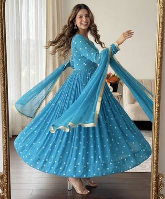 Blue faux georgette embroidered flared gown set 2
