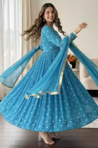 Blue faux georgette embroidered flared gown set