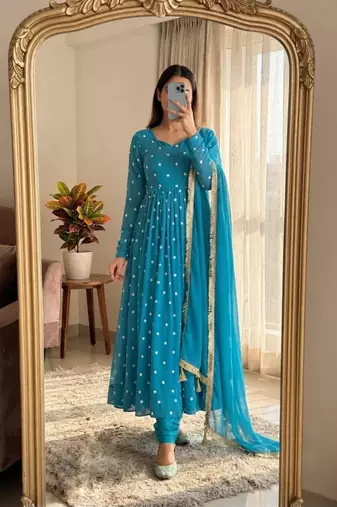 Blue faux georgette embroidered flared gown set