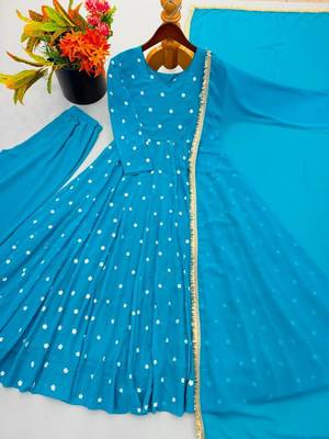 Blue faux georgette embroidered flared gown set 4