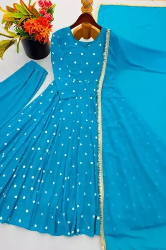 Blue faux georgette embroidered flared gown set