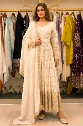 White silk blend embroidered flared gown set