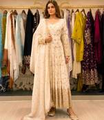 White silk blend embroidered flared gown set