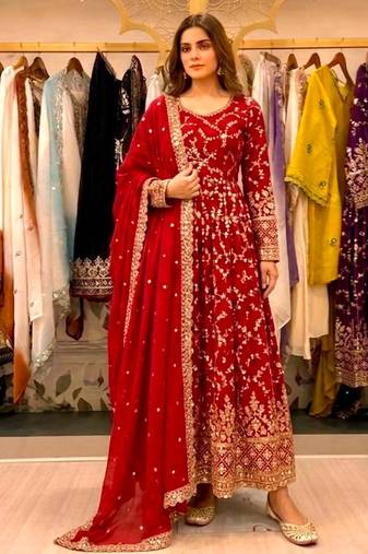 Red silk blend embroidered flared gown set
