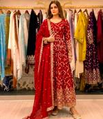 Red silk blend embroidered flared gown set
