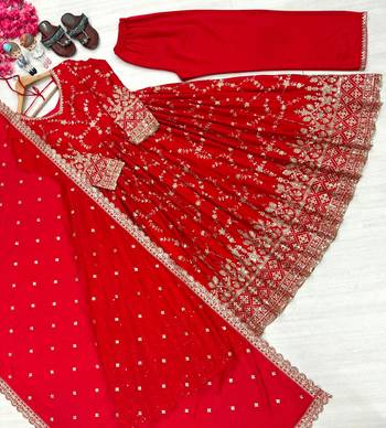 Red silk blend embroidered flared gown set 2