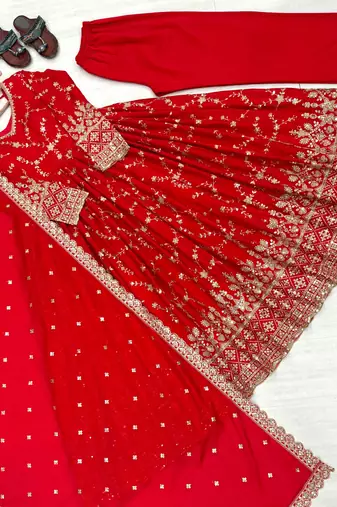 Red silk blend embroidered flared gown set