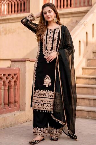 Black faux georgette embroidered palazzo set