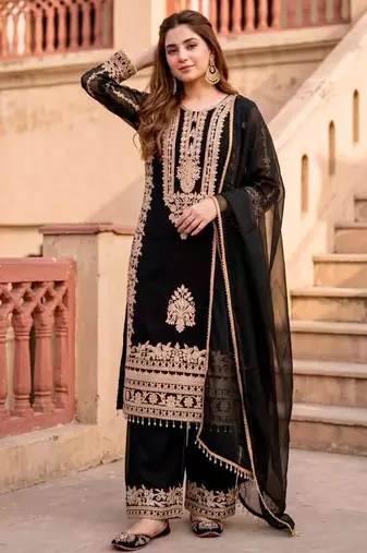 Black faux georgette embroidered palazzo set