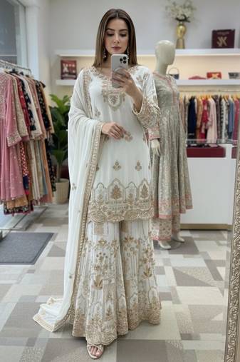 White faux georgette embroidered sharara set