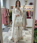 White faux georgette embroidered sharara set