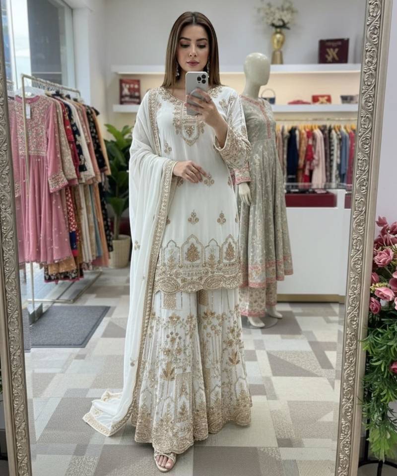 White faux georgette embroidered sharara set