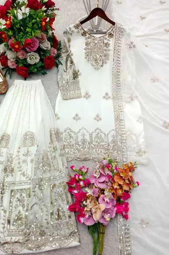 White faux georgette embroidered sharara set
